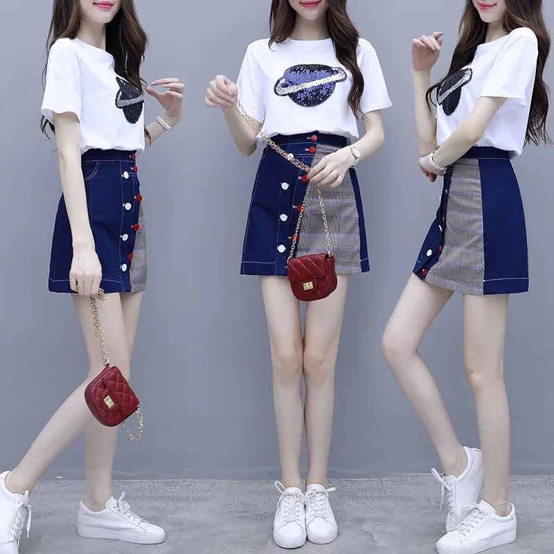 

Summer Wear Two-Piece Set Western Style by Age-Style Sequin Leisure T-shirt Skirt WOMEN'S Suit