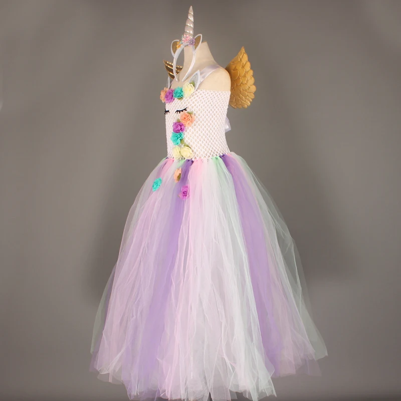 Girls Pastel Unicorn Flower Tutu Dress Princess Kids Pageant Party Tutu Dress with Headband wings Children Tulle Dress Ball Gown (11)