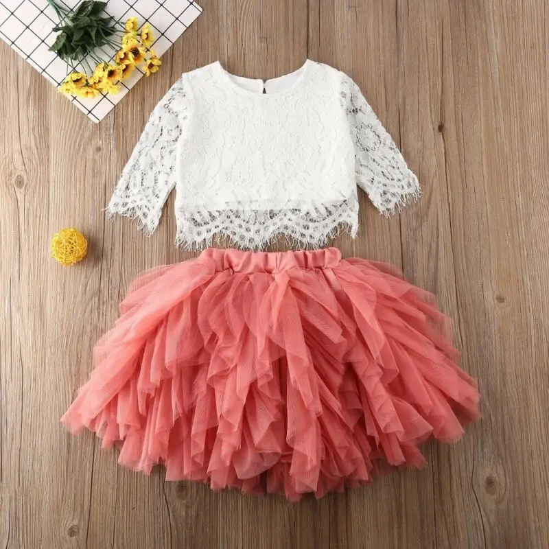  Princess Wedding Party Kids Clothes For Girls Toddler Baby Girls Lace Top T-shirt+Tutu Pleated Skir