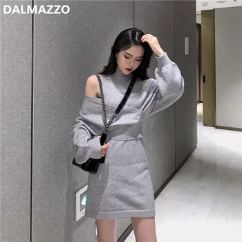 

Fashion Casual Womans Big V Neck Knit Short Tops + Vest Dress 2 Pieces Sets 2020 Newest Autumn Women's Knitted Mini Dress Suits