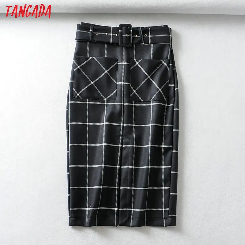 Comprar Tangada Falda de tubo a cuadros negra para el trabajo vintage elegante falda de las señoras de la Oficina con cinturón retro mediados de la pantorrilla faldas 6A123