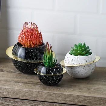 

Black White Planet Ceramic Flower Pots with Metal Ring Planters Containers Home Garden Desktop Decor Newest