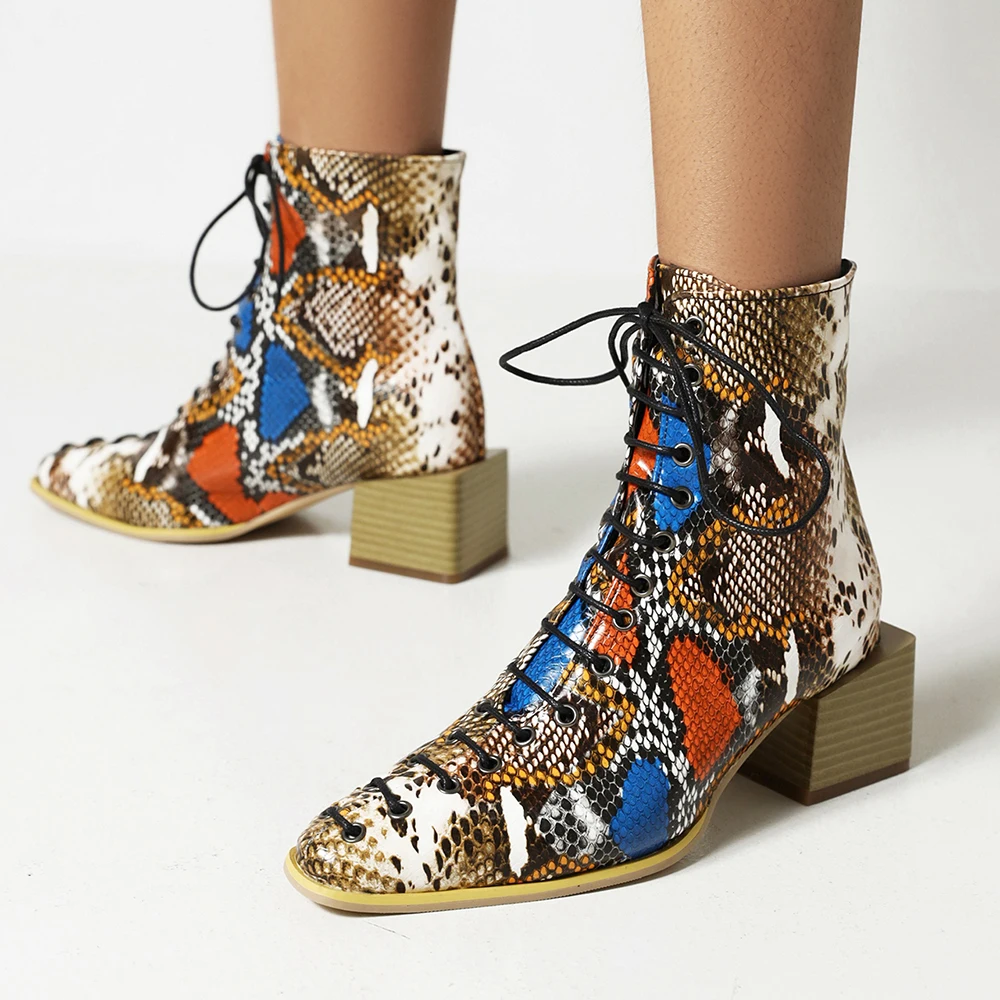 Snakeskin Pattern Oversized Laceup Female Ankle Boots Square Toe Thick Bottom Sexy Cross Lace