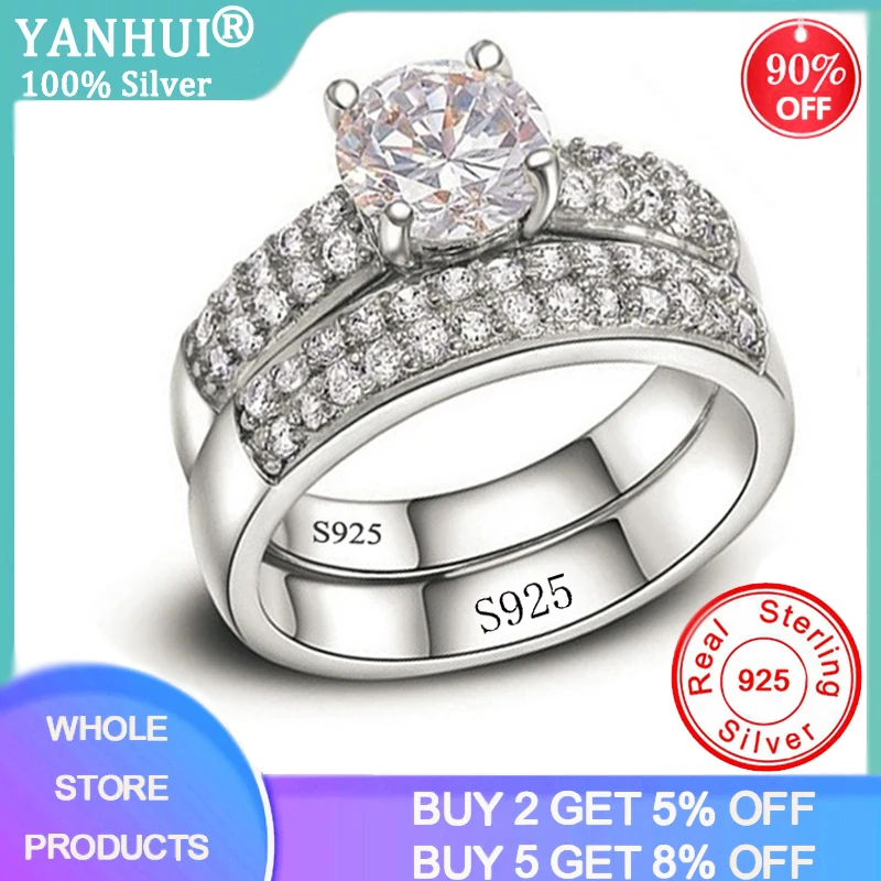 

YANHUI luxury 2pcs original 925 solid silver wedding ring bands set for women lady anniversary gift silver 925 jewelry J0135