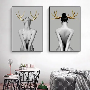 

Antler Woman Girl Living Room Decorative Canvas Painting Art Deer Angle Hotel Club Hanging Oil Painting Wall Art Canvas Kitchen