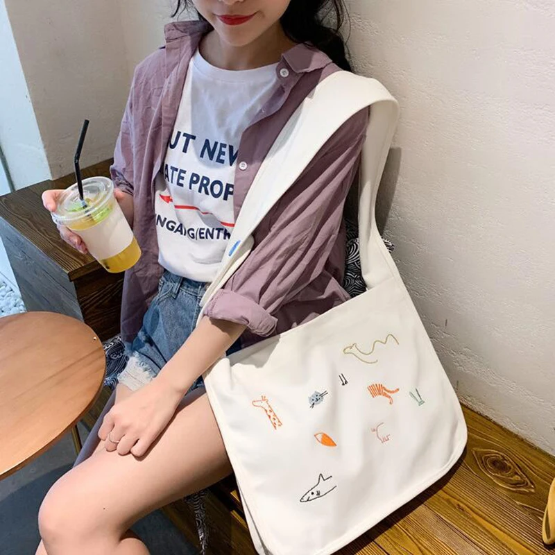 

2020 Original Embroidered Animal Single-shoulder Canvas Bag for Ladies Versatile Cross Handbag Casual Lady Shopping Bag
