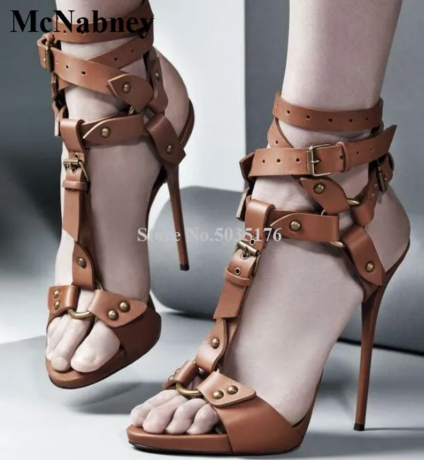 

McNabney Women Sandals Metal Ring T-tied Buckle Ankle Strap Stiletto Heel Peep Toe Sandals Summer Fashion Brown Women Shoes