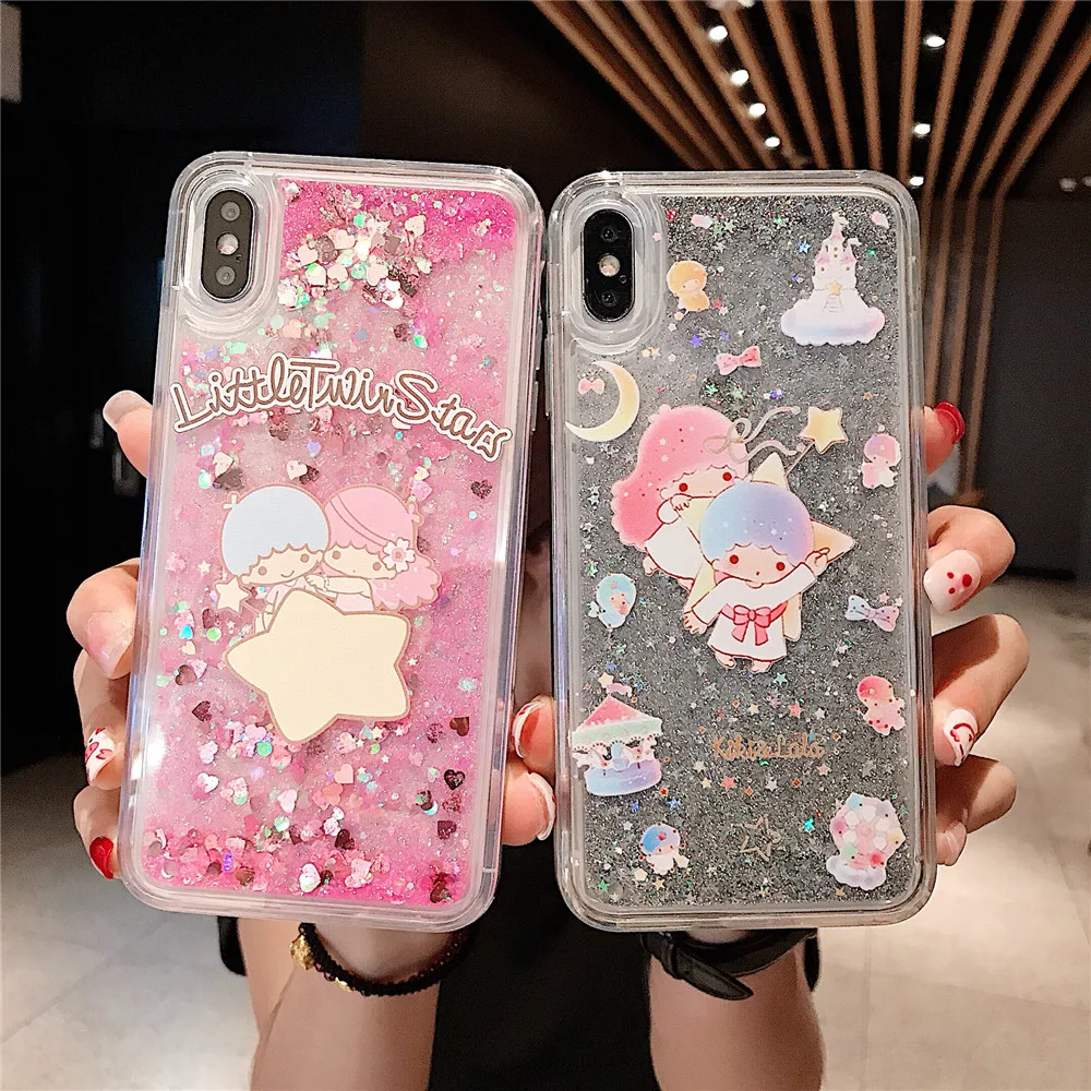 

Little twin stars glitter sequins flashing quicksand TPU phone case for iPhone 6s 7 8 Plus X XR XS MAX Anime cute bling cover