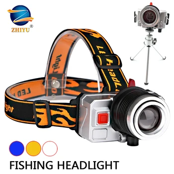 

ZHIYU 3 Color Lights Fishing Headlamp Rotating Zoomable Head Flashlight Built In Battery USB Rechargeable Headlight for Camping
