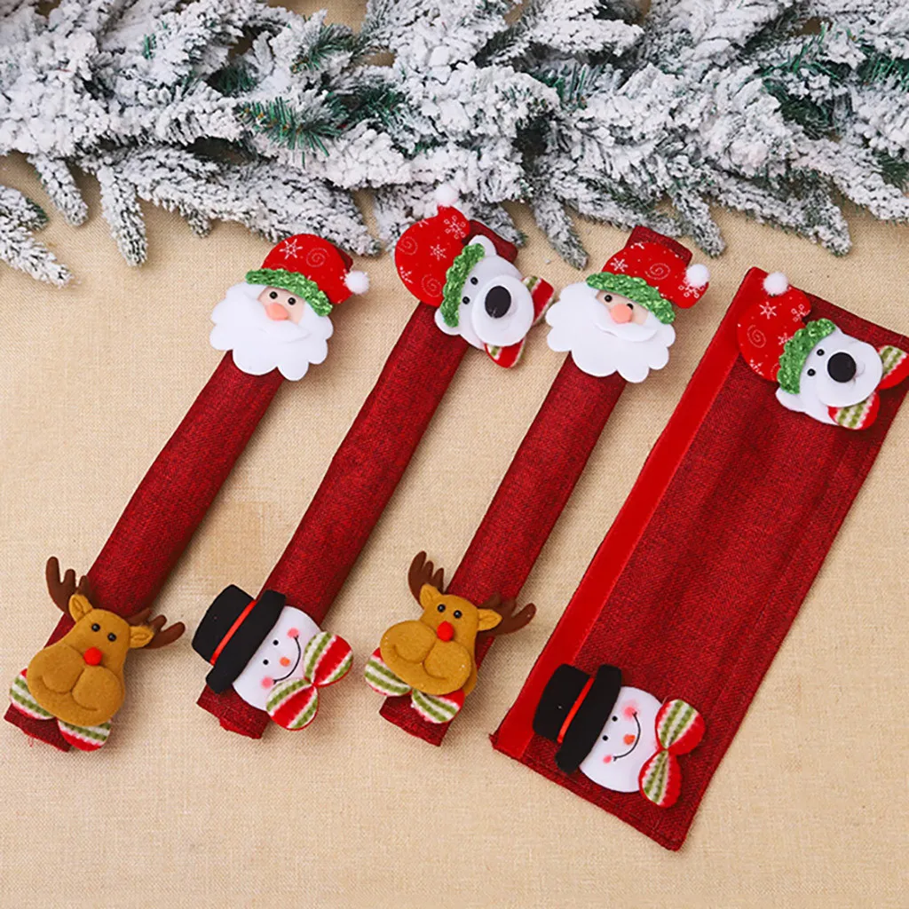 3pcs/set Christmas Decoration Kitchen Refrigerator Microwave Oven Door Handle Knob Cloth Covers Snowman Pattern Design
