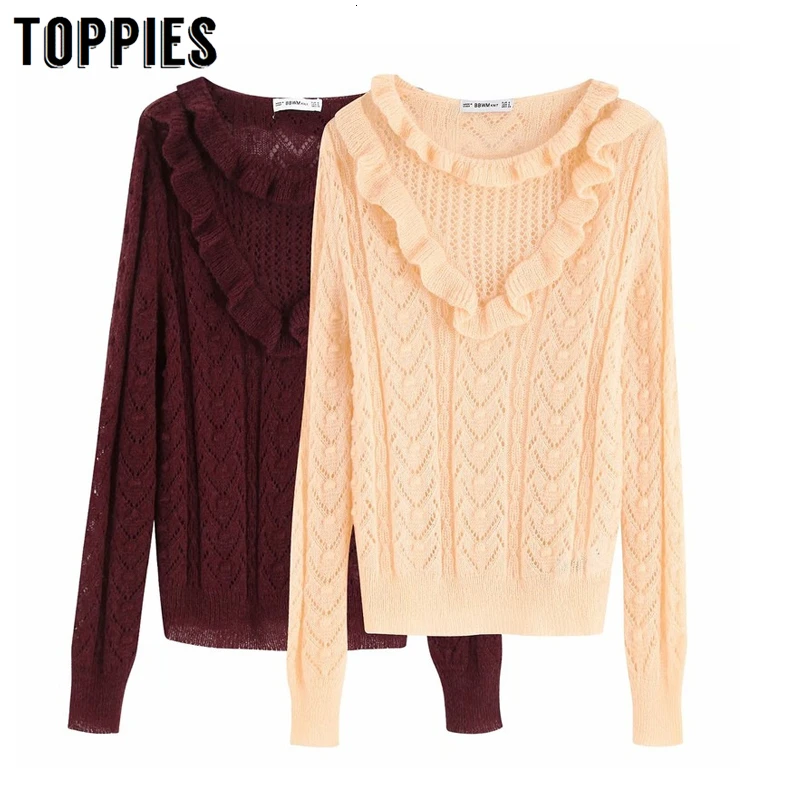 

2019 Autumn Hollow Out Knitted Sweater jersey mujer Cascading Ruffles Pull O-Neck Sweaters