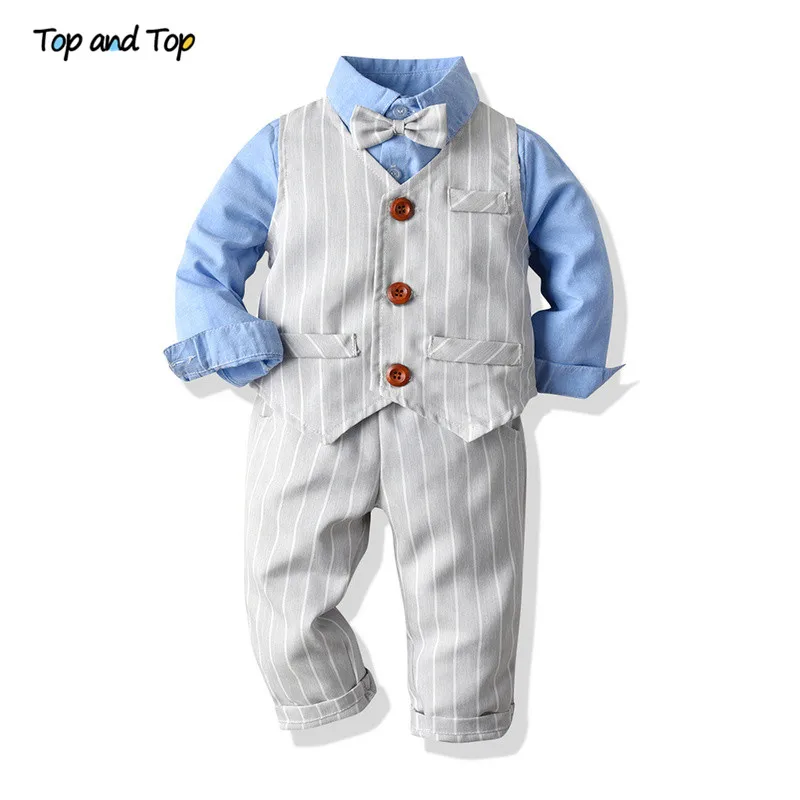 Топ и топ, осенне-зимний модный комплект одежды для мальчиков, футболка с длинными рукавами и бантом+ жилет+ штаны, детские костюмы в полоску