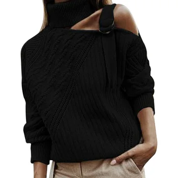

Party Casual Women Sweater Tops Knitted Soft Daily Shopping Long Sleeve Cold Shoulder Autumn Winter Solid Warm Turtleneck