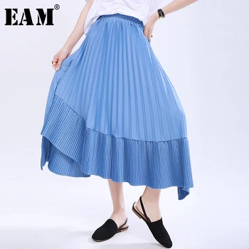

[EAM] High Elastic Blue Irregular Pleated Temperament Waist Half-body Skirt Women Fashion Tide New Spring Autumn 2020 1U490