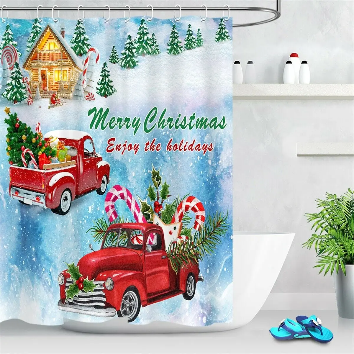 Christmas Cottage Red Truck Fir Tree Fabric Shower Curtain Set