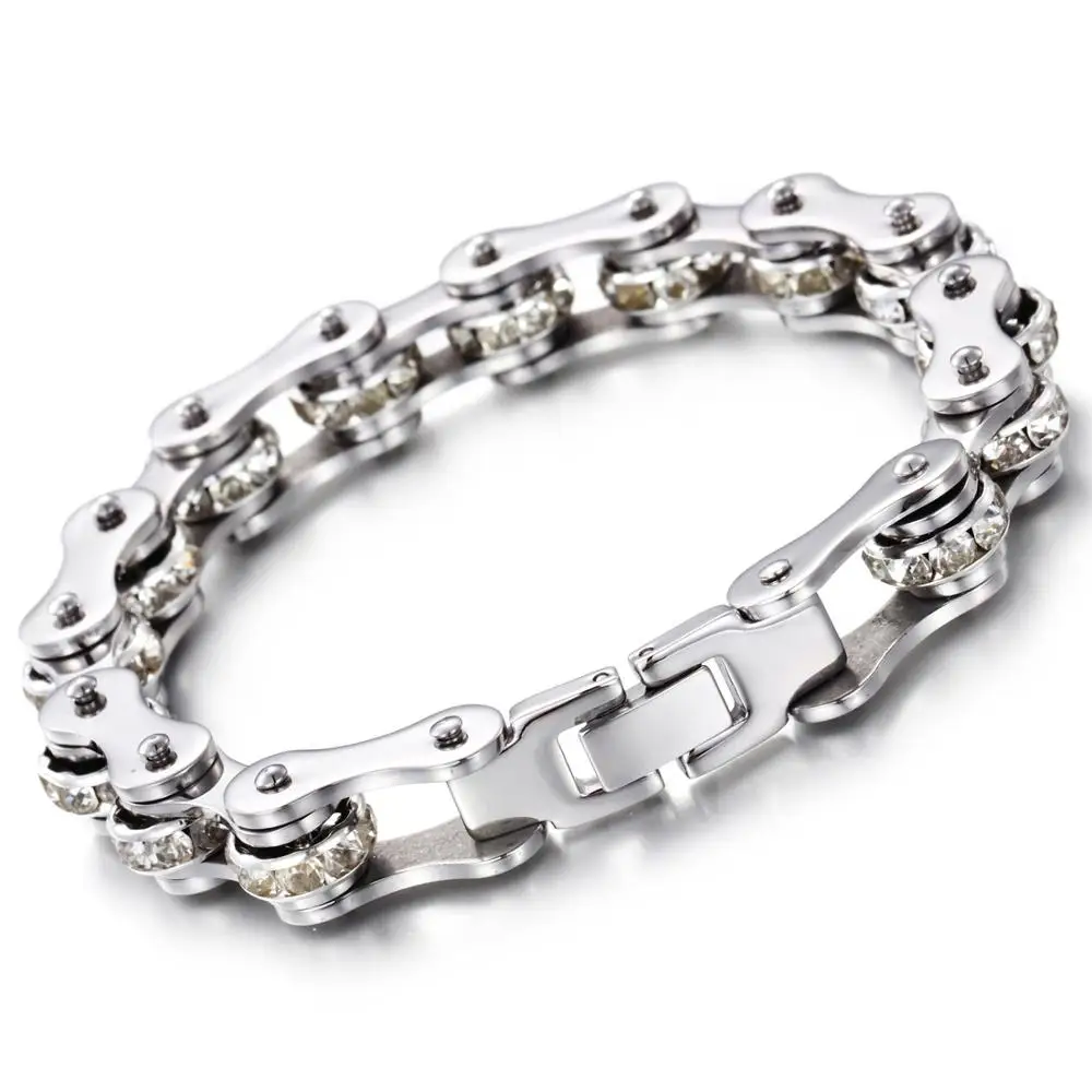 FASHION High Style IP White Crystal Motorcycle Jewelry For Women Men 316L Stainless Steel Bike Chain Bracelet Femme Gift