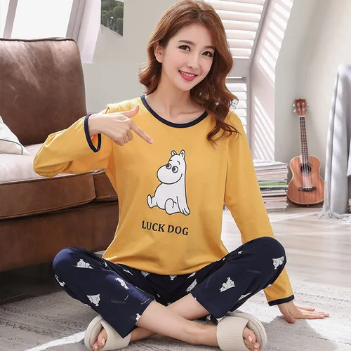 autumn couple pajamas pure cotton long sleeved spring and autumn pajamas two-piece suit - Цвет: 82222-woman
