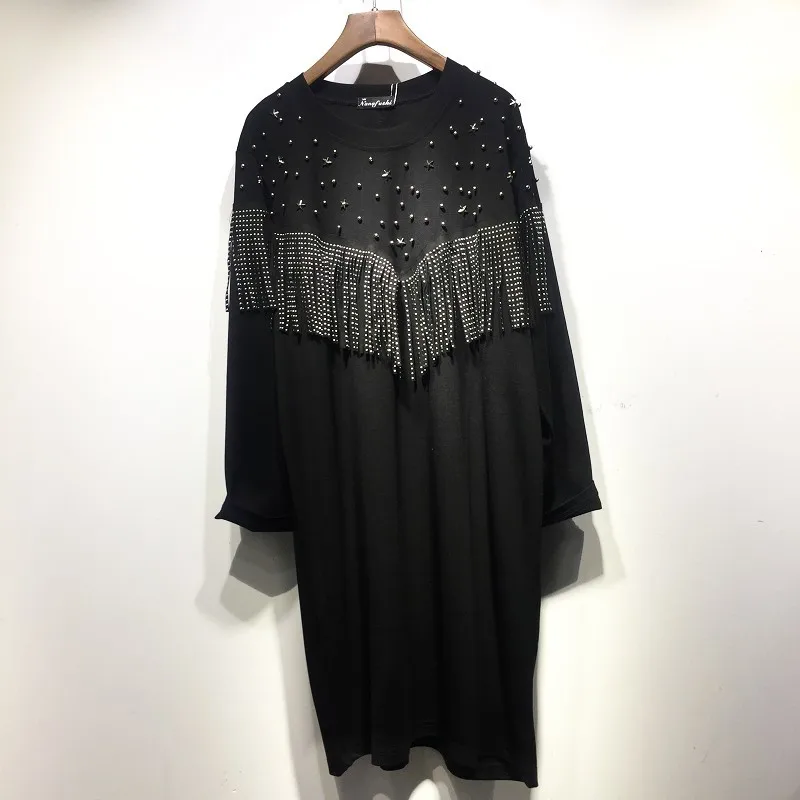 black QING MO женское платье с бисером и кисточками, женское офисное стильное платье, черное платье-футболка, Весенняя мода ZQY1547 - Цвет: black