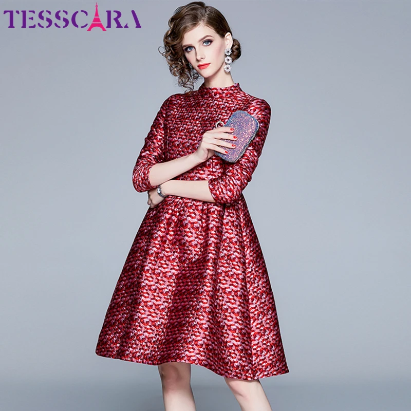 TESSCARA Women Autumn Winter Luxury Jacquard Dress Female High Quality ...