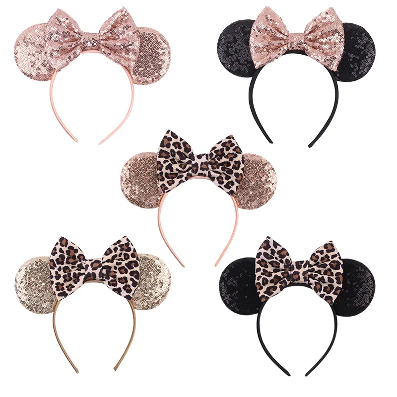 Disney 1pcs Mickey ears Leopard Bow baby hair accessories Mickey headband children headband headdress girl gift head decoration 2023 halloween mickey mouse ears headband sequins hair bow women festival party cosplay hairband gift kids hair accessories