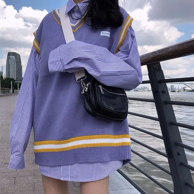 

Women 2pc Sets Spring Fashion Shirts Oversized Long Sleeve Striped Long Blouse&Knit Sweater Tank Vests Suits Female 2 Piece Tops