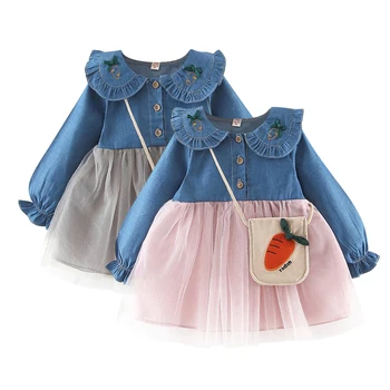 

New Autumn Baby Girl Dress 0-3T Toddler Cute Bow Decoration Solid Color Dress Korean Style Long-sleeved Girls Denim Dress