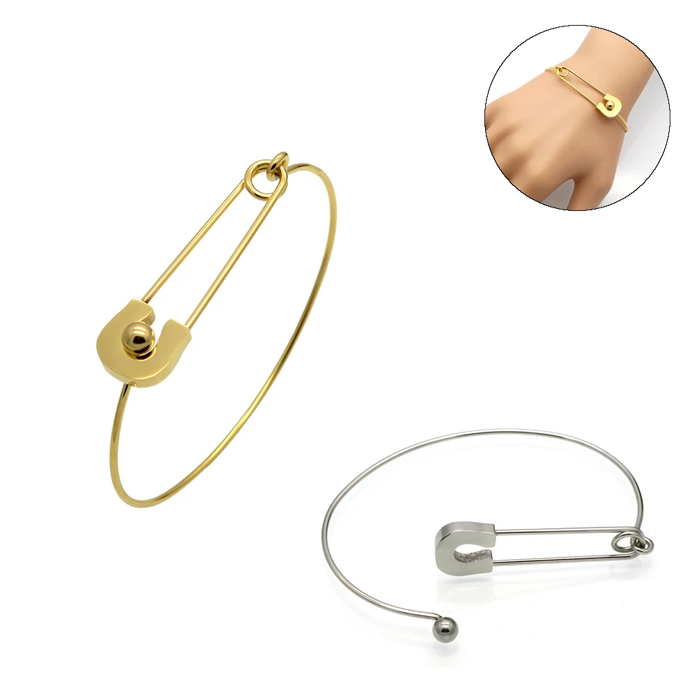 Personality Vintage Simple Stainless Steel Metal Plain Nautical Pin Wire Bangle Thin Gold Color Bracelet For Birthday Gift