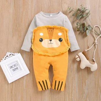 

Rompers Long Sleeve Baby Boys Girls Cotton Round Neck Cute Foxes Head Print Patchwork Jumpsuit Cotton Clothes Outfit