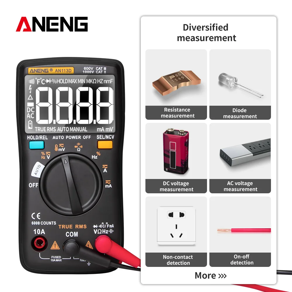 ANENG AN113D Digital Multimeter 6000 counts electrical meter transistor tester Auto Rang AC/DC voltage process calibrator
