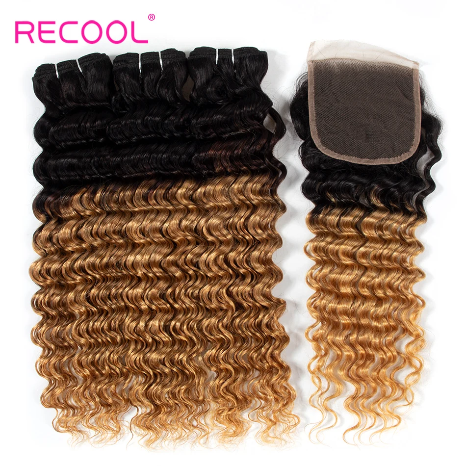 

Recool Ombre Human Hair Bundles With Closure 4*4 Remy 1B 27 Color Brazilian Deep Human Hair Weave Bundles 4PCS