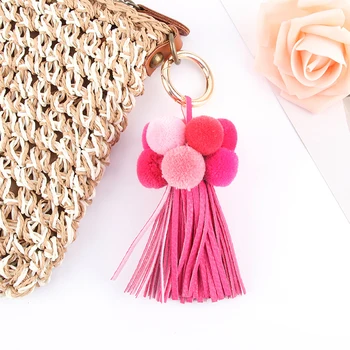 

1pc Colorful Boho Style Big Ball Hanging With Tassel KeyChains Vegetable Plush Couple Key Chain Bag Pendant For Women Jewelry