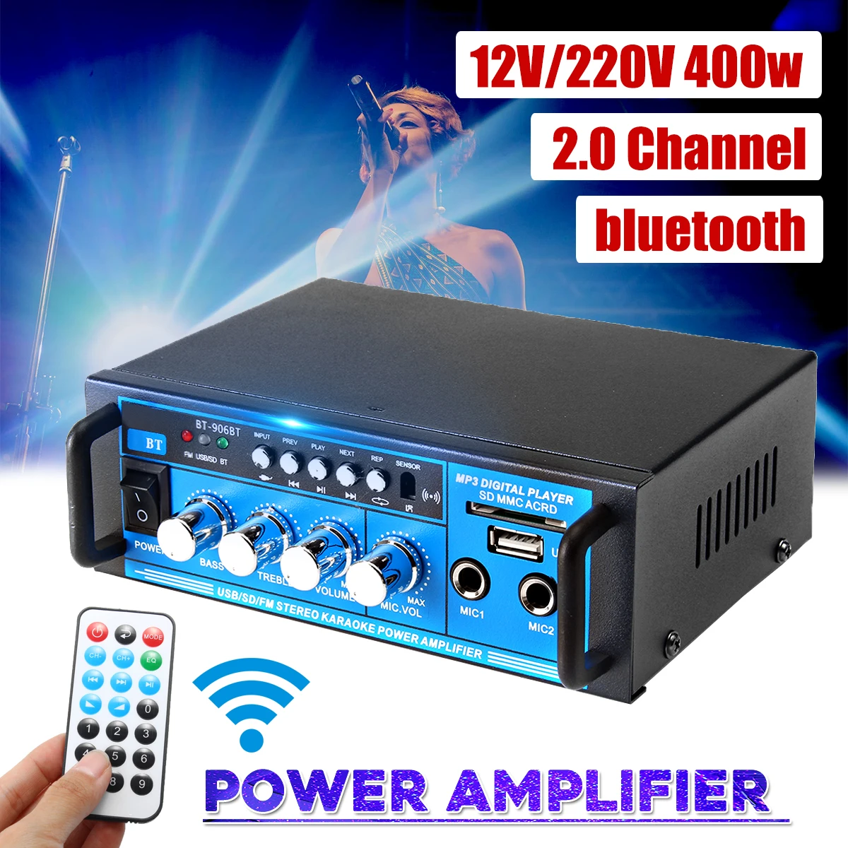 

CLAITE 12V/220V 400W Audio Power Amplifier Home Theater Amplifiers Audio with Remote Control Support FM USB bluetooth