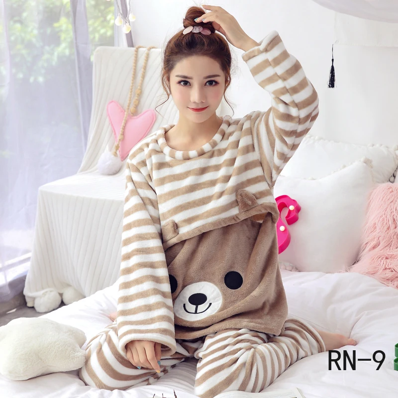 RN-9 Pregnant Homewear Suit Winter Flannel Women Nursing Sleepwear Suit Maternity Cartoon Pajamas Sets Breastfeeding Suits