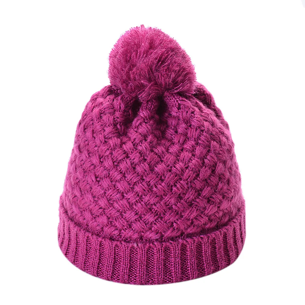 Hot Pink Модные женские и мужские однотонные красные вязанные головные уборы с шариками, шапка с хвостом, шапка с вязанным крючком ворсом, Зимние Теплые повседневные Шапки - Цвет: Hot Pink