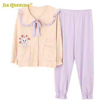 

Spring New Soft Long Sleeve Long Pants Sleepwear Fashion Style Casual Style Pjs Woman Turn Down Collar Front Pocket Pajamas Set