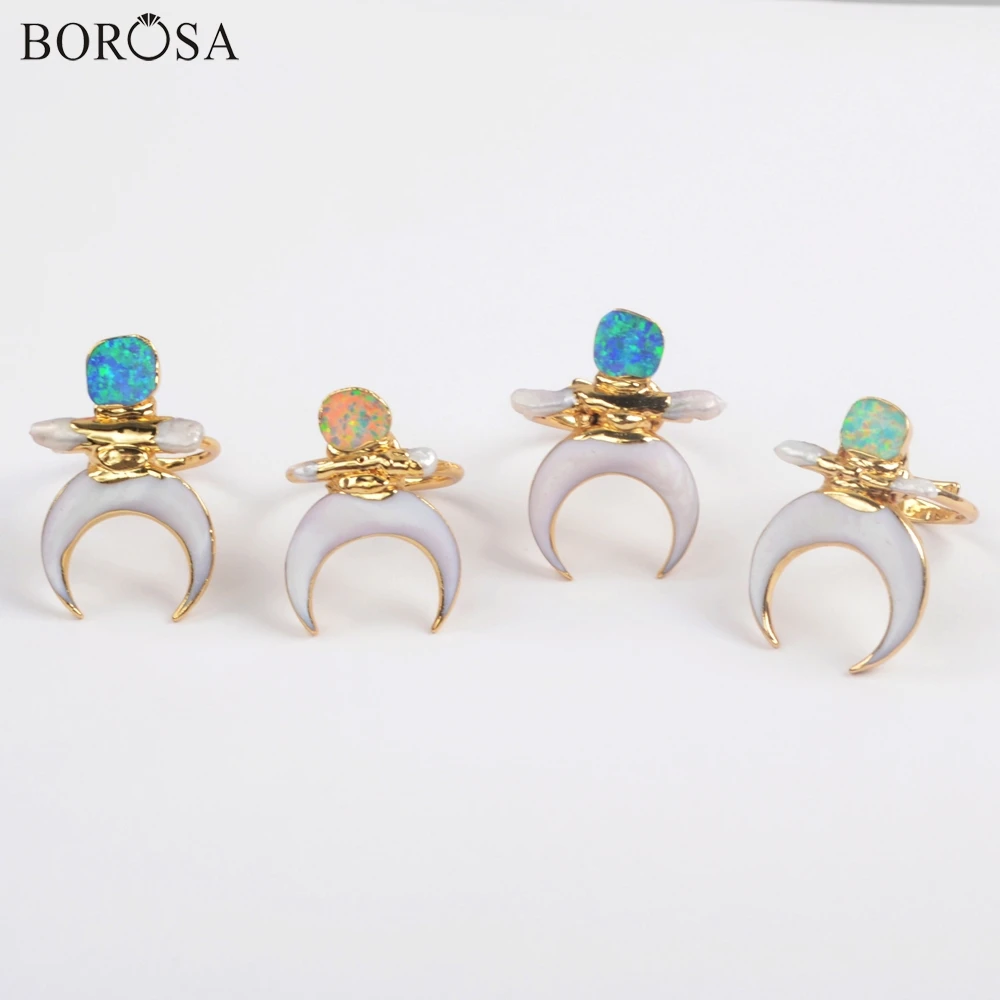 BOROSA 5 шт. богемные Позолоченные полумесяц белый корпус и японский опал Регулируемые кольца белый и синий опал ручной работы женские кольца G1863