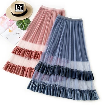 

Ly Varey Lin Winter Women Elegant Velvet Skirts High Waist Tulle Patchwork Velvet Ruffled A-line Skirt Slim Female Vintage Skirt