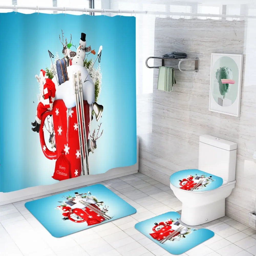 

4 piece Custom Christmas Shower Curtain with Hooks Snowman Xmas Non-Slip Rugs Toilet Lid Cover and Bath Mat for Bathroom