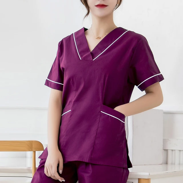 Women Scrub Top Plug Size Medical Uniforms V-Neck Spa Uniforms Short Sleeve Nursing Workwear Doctor Overalls Veterinary Cotton PURPLE TOP
