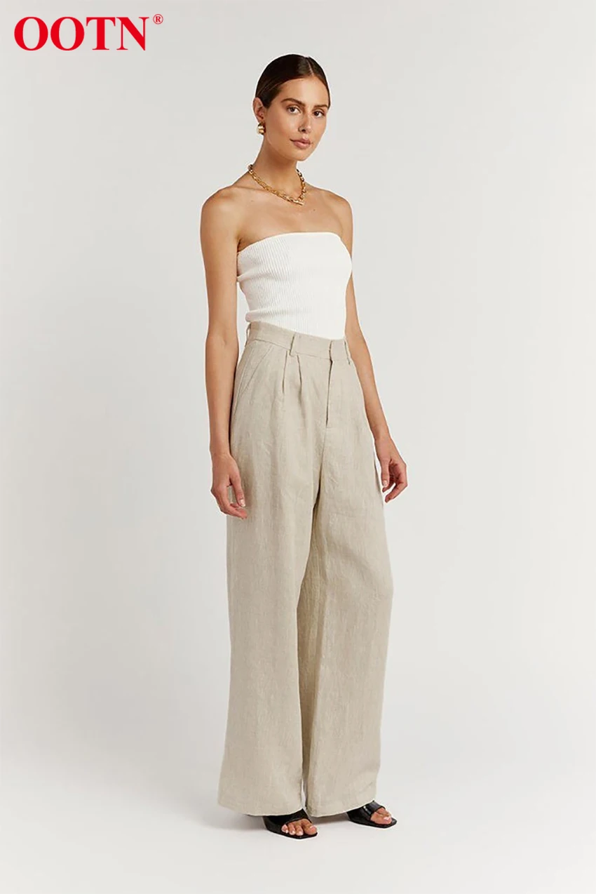 OOTN Street Cotton Linen 2 Peices Square Neck Tank Crop Top Casual Sets High Waist Wide Leg Pants Women Outfit Khaki Spring 2022 red pant suit