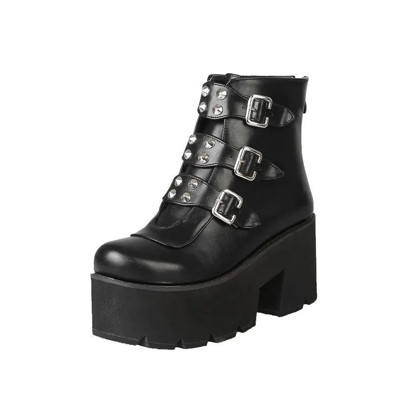 

2019 Combat Boots for Women Platforms Block High Heel Punk Shoes Gothic Rivet Buckle Ankle Military Boots Big Size 34-45