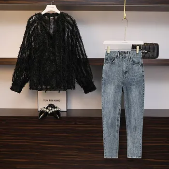 

Fashion 2019 Autumn Women's Black Tassel Lace Hollow Out Shirt + Elastic Waist Jeans Pants Two Piece Casual Denim Trousers Set