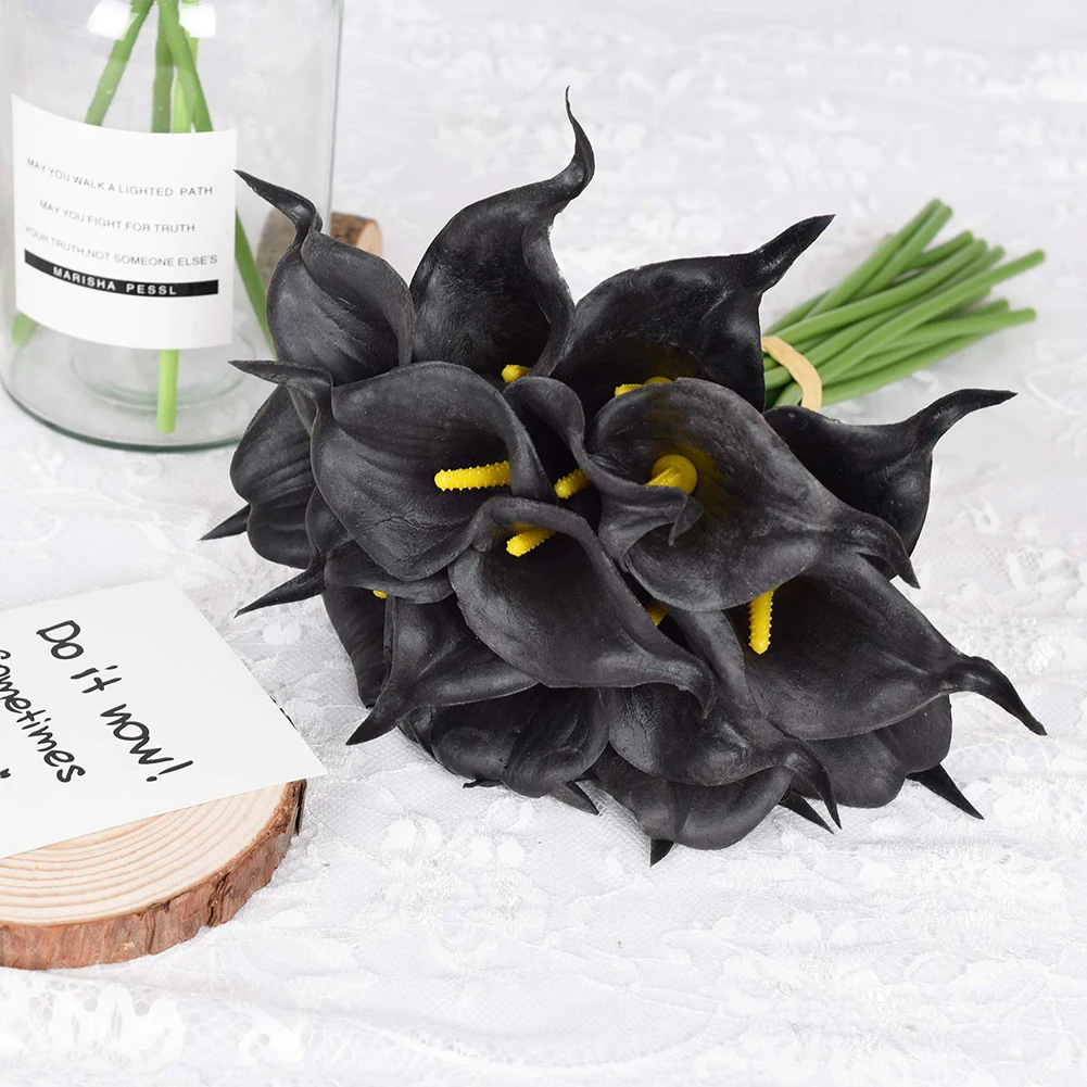 Черный полиуретан на ощупь как настоящий каллы, лилии искусственные цветы ощупь Флорес искусственные цветы для Свадебные украшения дома