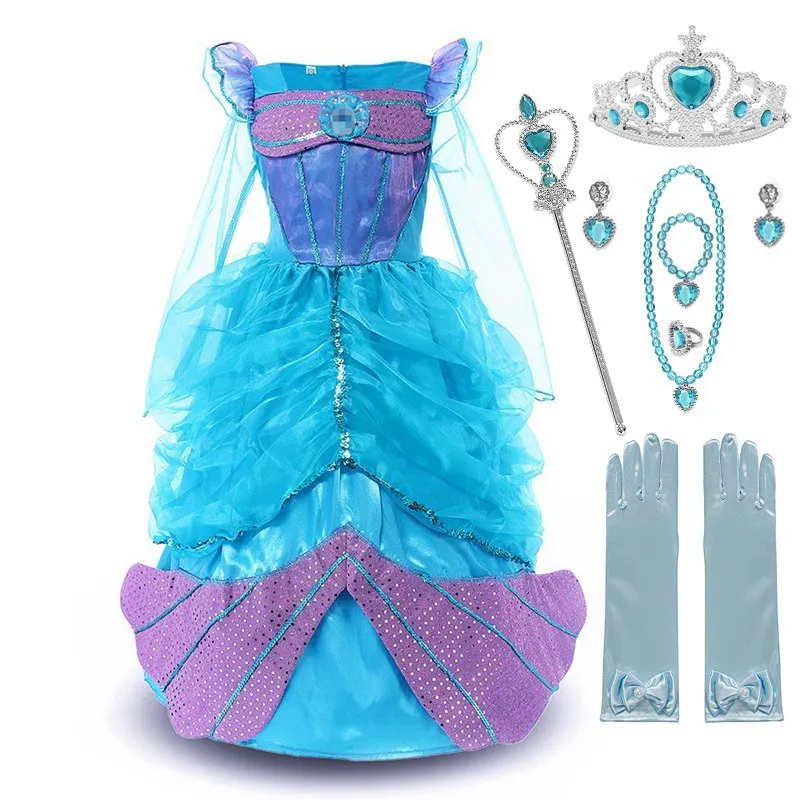 VOGUEON платье принцессы Ариэль для девочек; нарядный праздничный костюм Русалочки с блестками; детская одежда на Хэллоуин