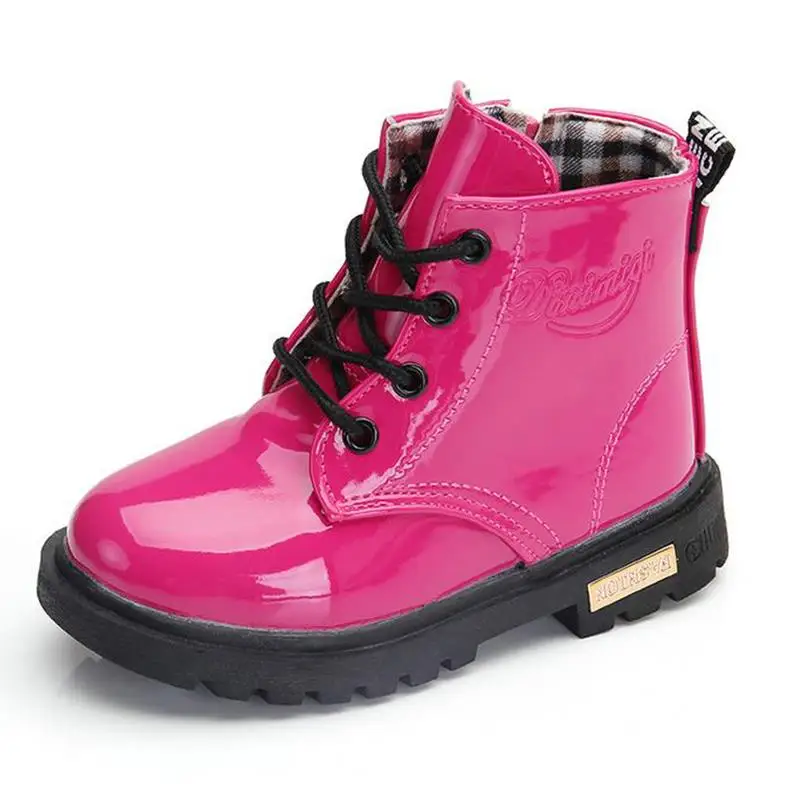 Сапоги Martin для девочек, обувь для детей осень из искусственной кожи, для детей; модная детская одежда для мальчиков; теплые зимние детские ботинки - Цвет: Розово-красный