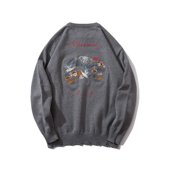 

Knit Sweater Male Round Neck Pullover Sweater 2019 Spring and Autumn New Crane Embroidered Hole Long Sleeve Men's Sweater