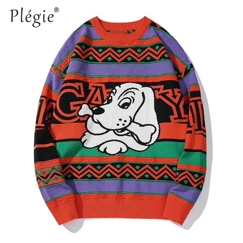 red sweaters Plegie многоцветный лоскутный свитер пуловер с рисунком собаки осенние толстовки с длинными рукавами Повседневная Уличная Хип Хоп трикотаж - Цвет: red sweaters