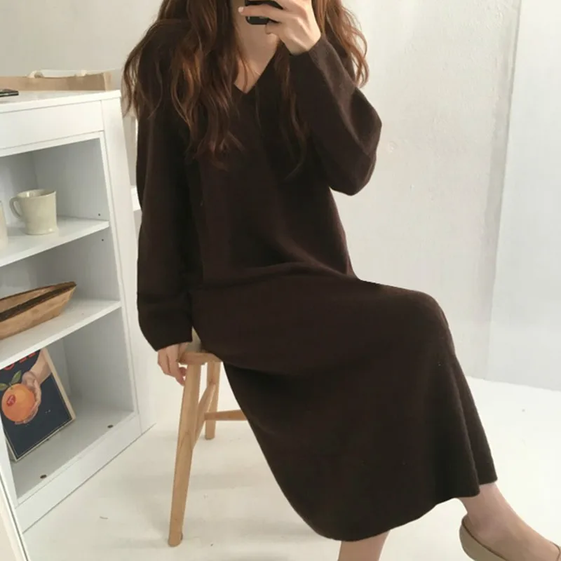 Dark Brown Neploe/ осенне-зимнее женское трикотажное платье с длинным рукавом и v-образным вырезом, корейское платье-свитер, платья до середины икры, Vestidos, женская одежда 54122 - Цвет: Dark Brown