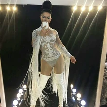 Сексуальное Белое боди с кисточками женские блестящие стразы танцевальный сценический костюм цельный бахрома комбинезон из спандекса наряд Платья для вечеринок