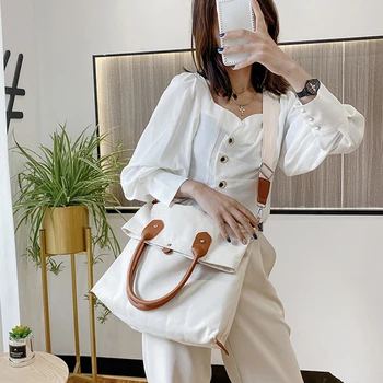 

Simple Canvas Folded Women's Messenger Bag Designer Large Capacity Shopper Bags Lady Casual Shoulder Bag Women's Handbag 2020